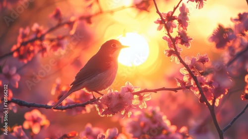 Close-up of a nightingale sitting on blooming cherry branches with pink flowers on a warm spring evening. A songbird warbles against bright setting sun. photo