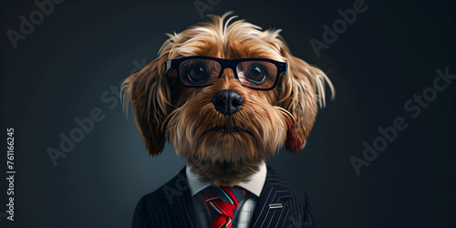 Cool looking terrier dog wearing suit, tie and sunglasses isolated on dark background Dog in suit Pet is dressed up in humorous style