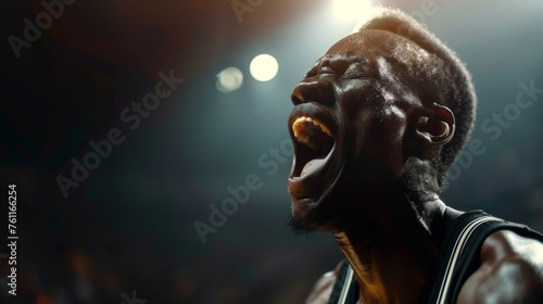 A basketball player celebrates victory, unleashing shouts of joy against the backdrop of a basketball stadium. Emotional celebration of winning the game