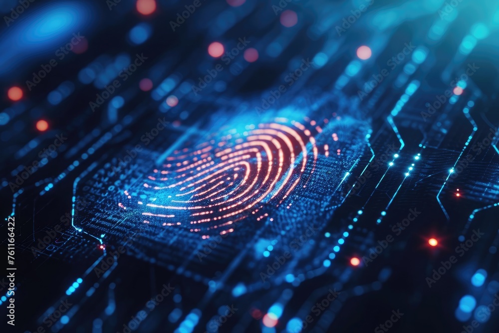The photo captures a close-up of a fingerprint displayed prominently on a computer screen, A stylised fingerprint serving as a digital authentication, AI Generated The photo captures a close-up of a fingerprint displayed prominently on a computer screen, A stylised fingerprint serving as a digital authentication, AI Generated