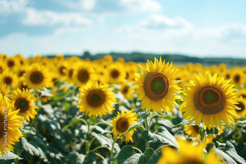 A vibrant field of sunflowers stretching towards the blue sky backdrop, A sunflower field stretching to the horizon, AI Generated