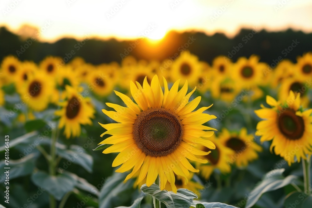 A field of vibrant sunflowers stretching towards the horizon as the sun sets in the background, A sunflower field stretching to the horizon, AI Generated
