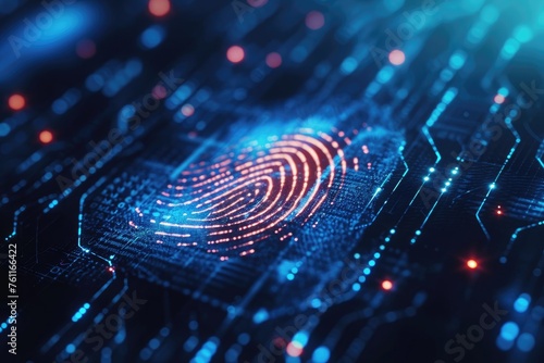 The photo captures a close-up of a fingerprint displayed prominently on a computer screen, A stylised fingerprint serving as a digital authentication, AI Generated photo