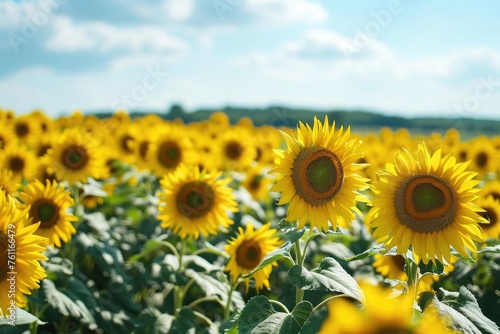 A vibrant field of sunflowers stretching towards the blue sky backdrop  A sunflower field stretching to the horizon  AI Generated