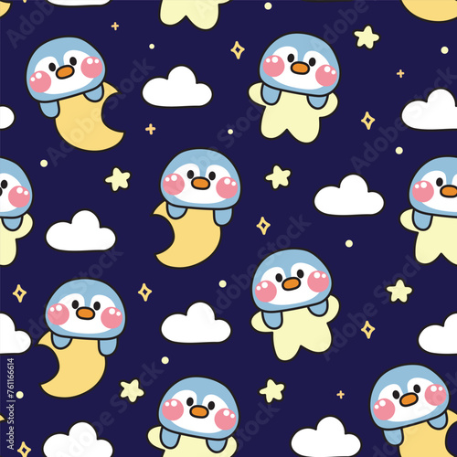 Seamless pattern of cute penguin on moon and star on night sky background.Cloud.Bird animal character cartoon design.Baby clothing.Kawaii.Vector.Illustration.