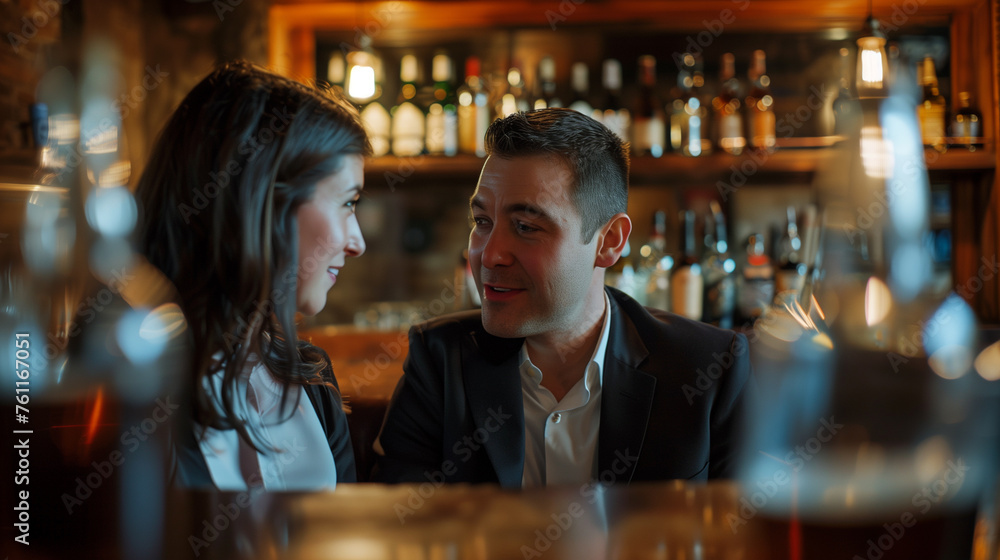 Intimate moment, couple enjoying a relaxed bar atmosphere.