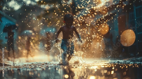 Action-stopping images of children happily playing in the rain. His body was dripping with rain.  © Jeerawut