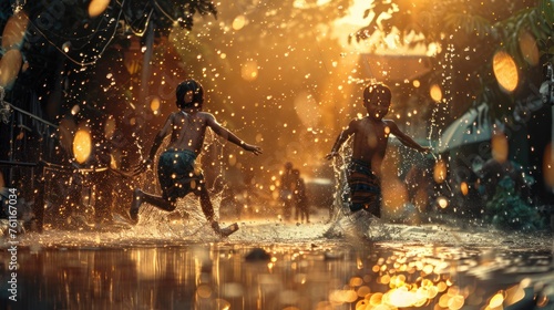 Action-stopping images of children happily playing in the rain. His body was dripping with rain. 