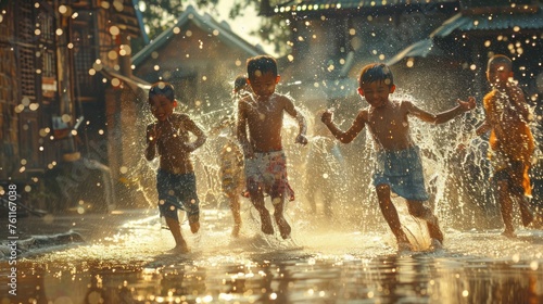 Action-stopping images of children happily playing in the rain. His body was dripping with rain.  © Jeerawut