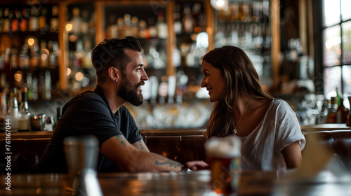 Intimate moment, couple enjoying a relaxed bar atmosphere.