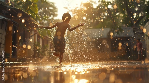 Action-stopping images of children happily playing in the rain. His body was dripping with rain. 