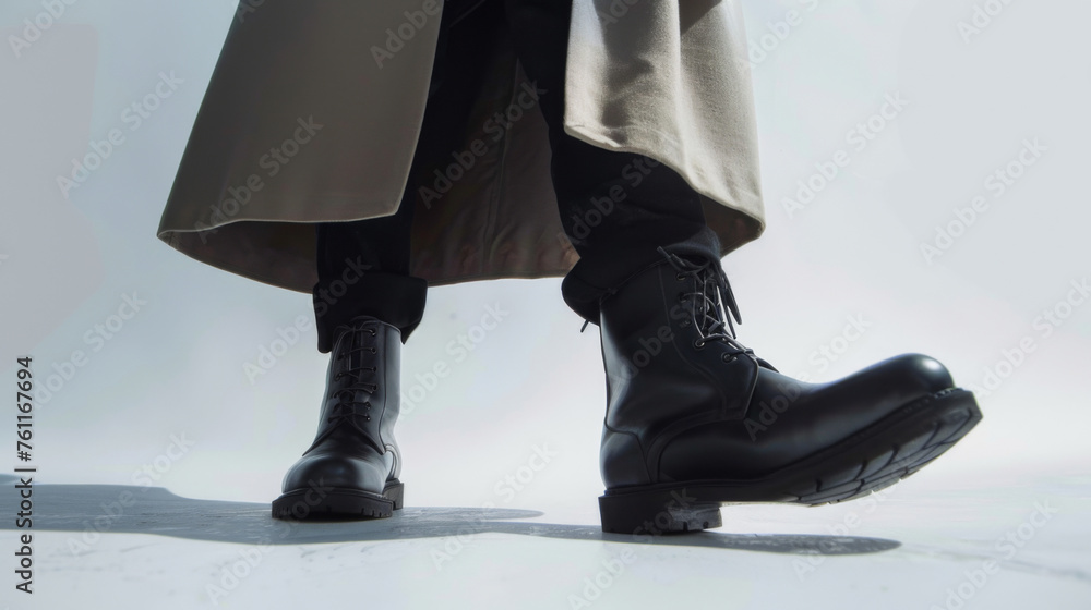 Person in black boots on white background. Low angle fashion photography style. Fashionable black shoes. The trendy black footwear adds a fashionable flair to the ensemble Person in black boots on white background. Low angle fashion photography style. Fashionable black shoes. The trendy black footwear adds a fashionable flair to the ensemble