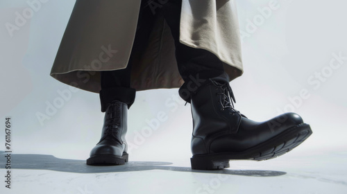 Person in black boots on white background. Low angle fashion photography style. Fashionable black shoes. The trendy black footwear adds a fashionable flair to the ensemble