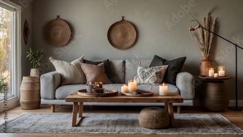 Simplistic and warm boho-inspired living space with a soft gray sofa, accent pillows, and a wood table set with candles and earthy decorations Generative AI