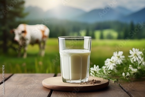 Fresh milk in glass on dark wooden tabletop and blurred landscape with cow on meadow. Healthy eating. Rustic style.