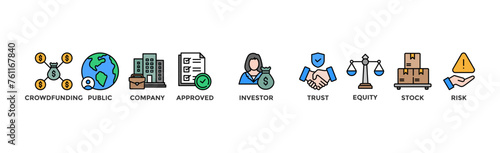 Ipo banner web icon vector illustration concept of initial public offering with icon of crowdfunding, public company, approved, investor, trust, equity, stock and risk