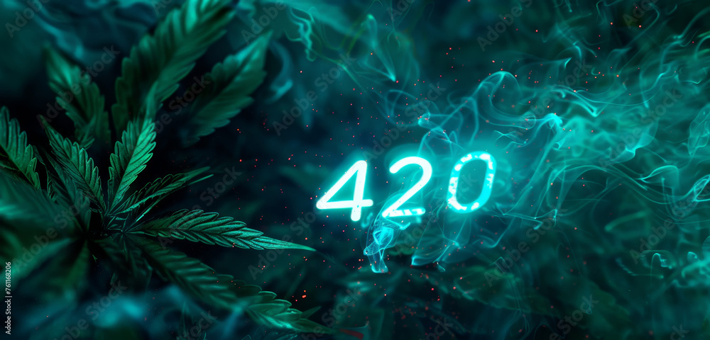 The neon cyan number 420 shines with laser light effects on a smokey background with cannabis leaf. - obrazy, fototapety, plakaty 