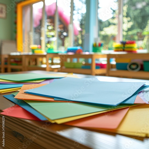 Colored papers on the table in the kindergarten. © Simona