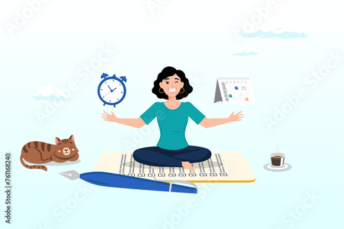 Businesswoman meditate balancing clock or calendar on completed task paper, self discipline or self control to complete work, achieve business target, time management to increase productivity (Vector)