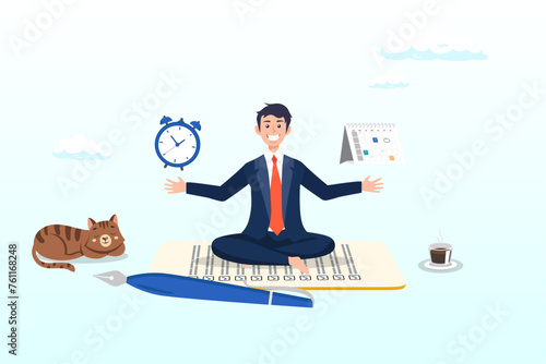 Businessman meditate balancing clock or calendar on completed task paper, self discipline or self control to complete work, achieve business target, time management to increase productivity (Vector)