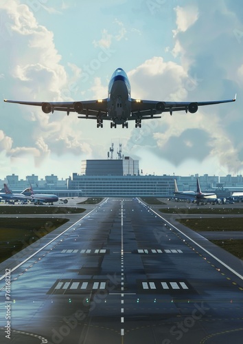 The plane takes off from the departure runway of the airport.
