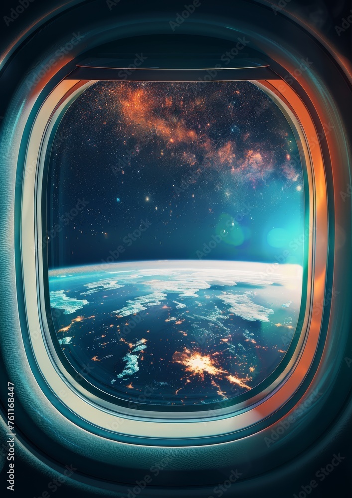 A view of space from a spaceship window. A view of space from a spaceship window.