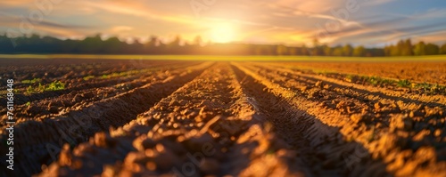 A view of a plowed field at sunset. Agricultural concept.
