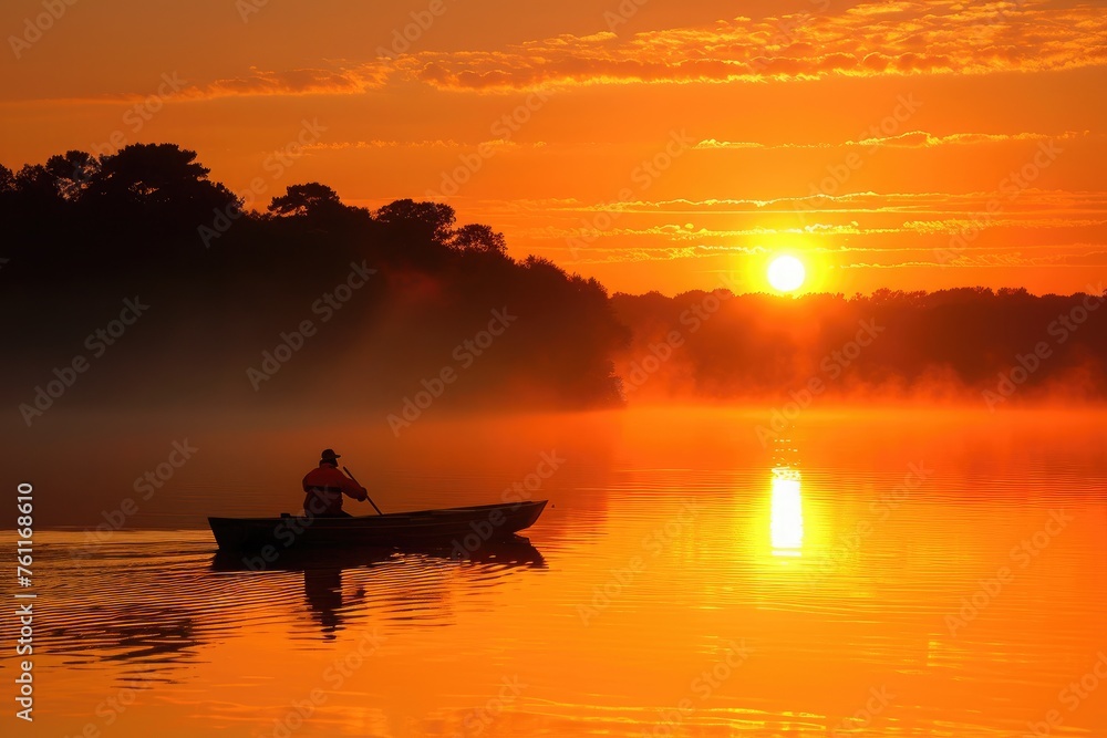 A man in a boat calmly rows on a lake as the sun sets in the background, A sunrise over a calm lake with a lone fisherman in a rowboat, AI Generated