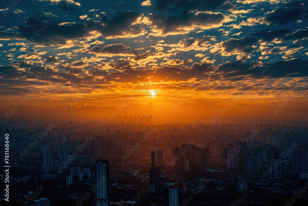 The sun is seen in the horizon as it sets over a city, casting a warm glow on the tall buildings, A sunrise over a city, symbolising new investment opportunities, AI Generated