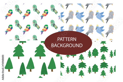 set of popular trend animal pattern background design. textile fabric. crown, bird, parrot, tree