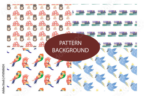 set of popular trend animal pattern background design. textile fabric. crown, bird, parrot, tree