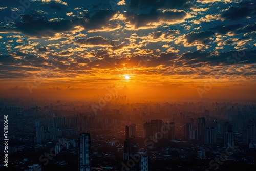 The sun is seen in the horizon as it sets over a city  casting a warm glow on the tall buildings  A sunrise over a city  symbolising new investment opportunities  AI Generated