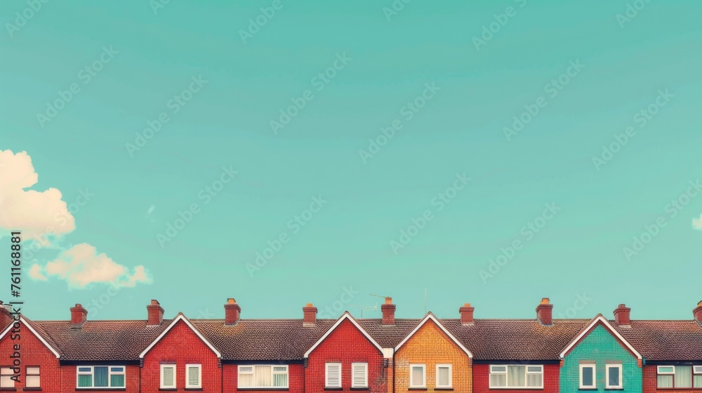 Row of brick houses standing adjacent, each displaying a unique hue of red brick against a backdrop of clear blue sky, viewed from a flat perspective. The houses are uniform in design