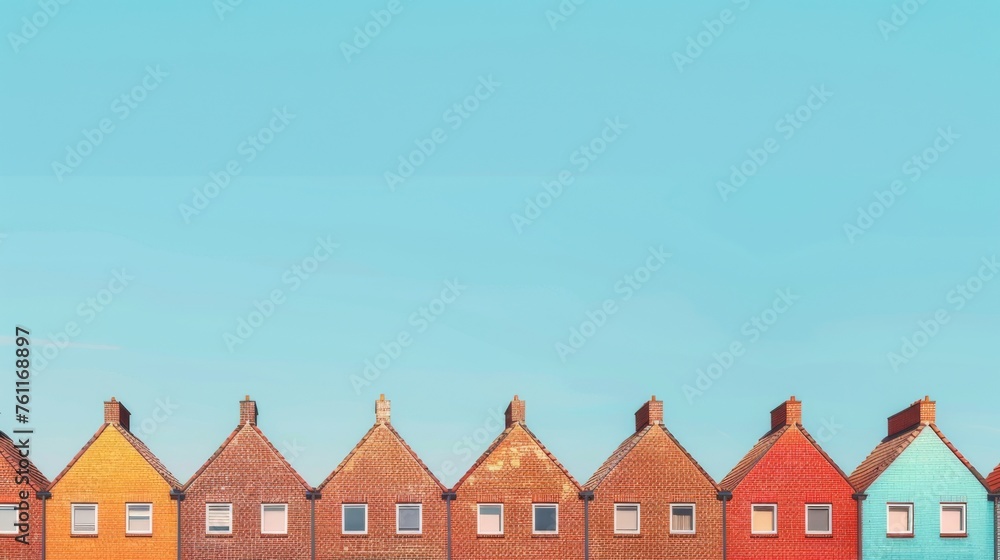 Row of brick houses standing adjacent, each displaying a unique hue of red brick against a backdrop of clear blue sky, viewed from a flat perspective. The houses are uniform in design Row of brick houses standing adjacent, each displaying a unique hue of red brick against a backdrop of clear blue sky, viewed from a flat perspective. The houses are uniform in design