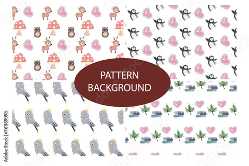 set of popular trend animal pattern background design. textile fabric. crown, bird, parrot, tree