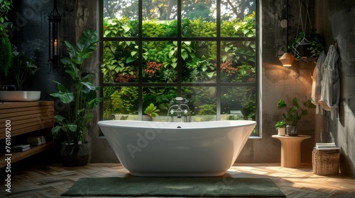 A modern bathroom featuring a freestanding bathtub overlooking a lush garden through a large window, blending luxury with nature.