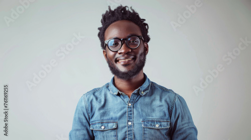 A well-groomed man with glasses and a denim shirt is smiling against a plain studio background.