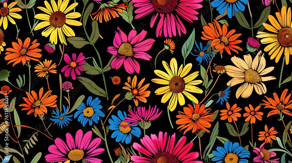 custom made wallpaper toronto digitalVibrant Floral Pattern on Dark Background, seamless pattern with colorful flowers.