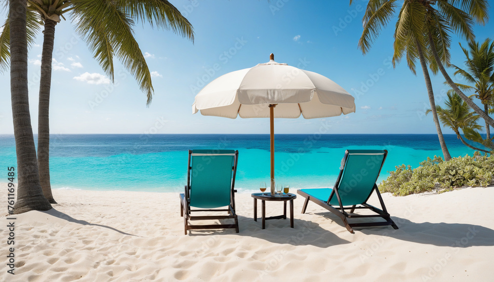 Chairs and umbrella on a sandy beach overlooking turquoise ocean