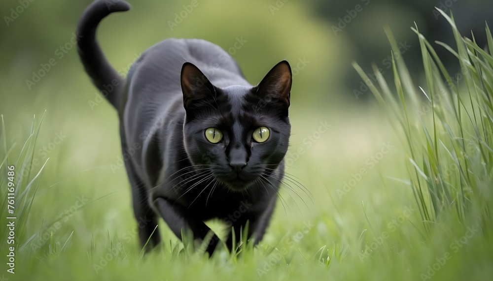A Sleek Black Cat Prowling Through The Grass