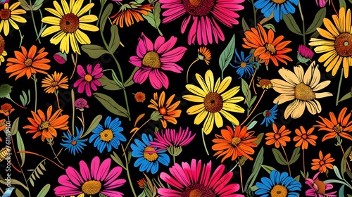 Wallpaper Mural Vibrant Floral Pattern on Dark Background, seamless pattern with colorful flowers. Torontodigital.ca