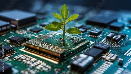 Supper techonology concept, A Young Glowing plant growing on computer chip representing digital ecology business and blurred background, Natural, Tech, light, night. 