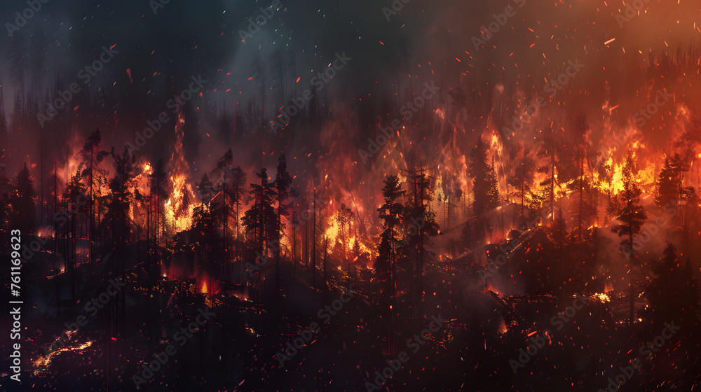 Afire in the forest, engulfed in flames during a natural disaster.