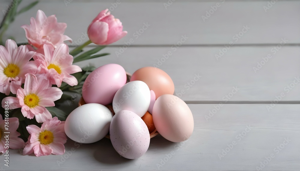 Pastel Pink Painted Easter Eggs Lie On A Light Gra