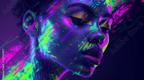 Beauty portrait with vibrant digital glitch art effects.