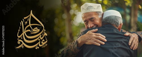 Eid Mubarak Social Media Banner with Golden Arabic Calligraphy, Two Muslim Elderly Men in White Hats Embracing Each Other. Fictional Character Created By Generative AI. photo
