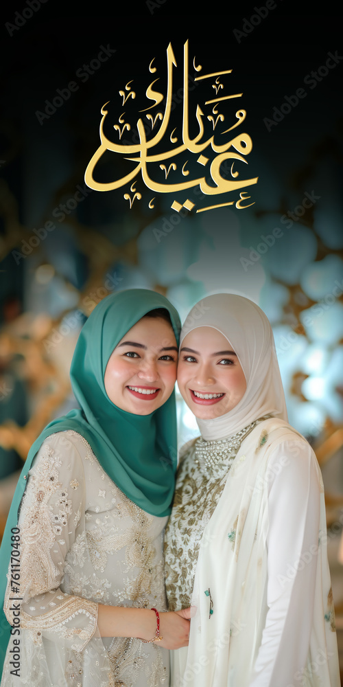 Eid Mubarak Vertical Banner with Golden Arabic Calligraphy, Smiling Two Muslim Women Standing Together in Traditional Headscarf (Hijab). Fictional Character Created By Generative AI. Eid Mubarak Vertical Banner with Golden Arabic Calligraphy, Smiling Two Muslim Women Standing Together in Traditional Headscarf (Hijab). Fictional Character Created By Generative AI.