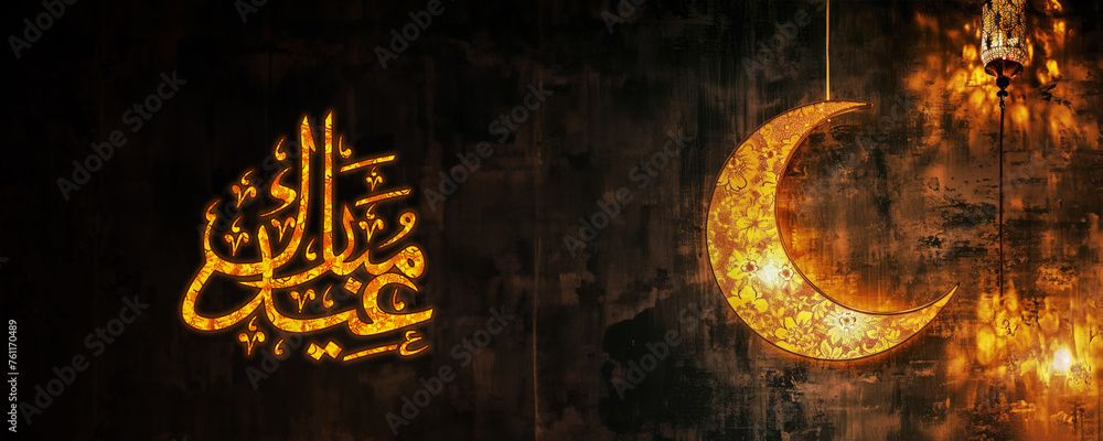 Eid Mubarak Social Media Banner with Arabic Calligraphy, Crescent Moon Hang on Black Grungy Background. - obrazy, fototapety, plakaty 