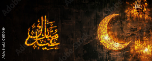 Eid Mubarak Social Media Banner with Arabic Calligraphy, Crescent Moon Hang on Black Grungy Background. © Abdul Qaiyoom