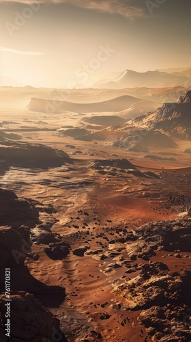 View of the planet Mars, red planet, landscape, surface of mars, rocks and mountains, exploration of mars, colonization of mars, flight to mars © iloli